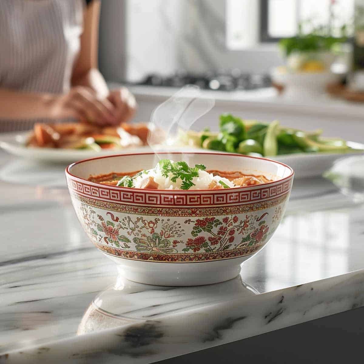 A vibrant image of Khao Tom, a traditional Thai Rice Soup, served in a decorative Asian bowl adorned with colorful patterns. The soup contains tender rice grains and succulent pieces of chicken, garnished with fresh cilantro and green onions, which add a pop of color against the rich, clear broth. The intricate design of the bowl complements the simplicity and heartiness of this classic Thai dish.