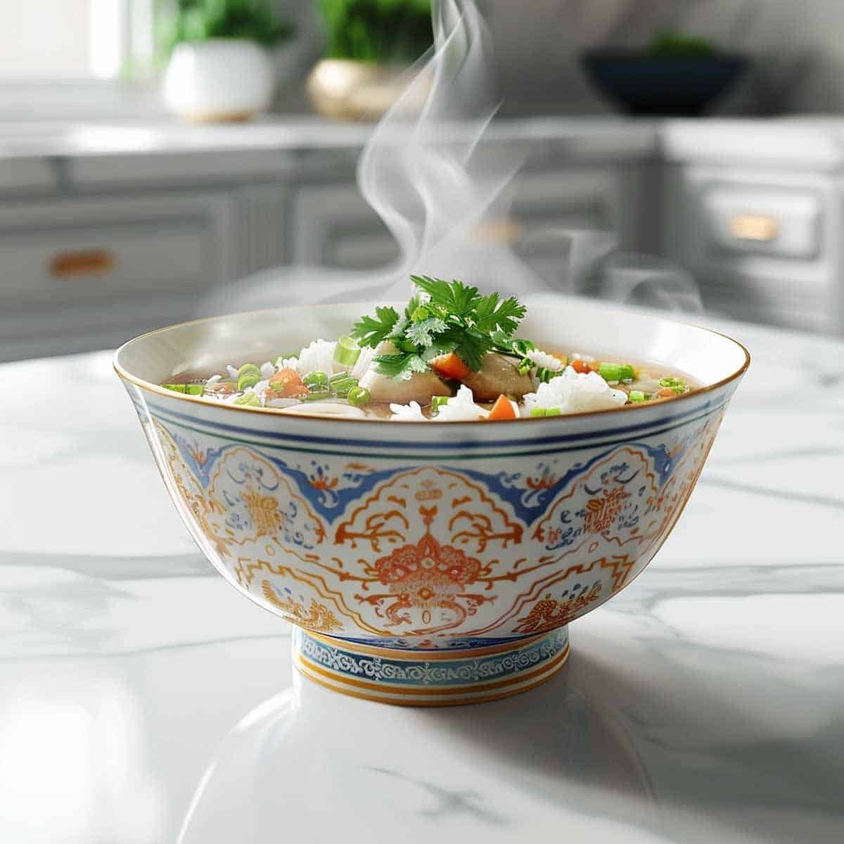 A vibrant image of a bowl of Khao Tom, or Thai Rice Soup, in a beautifully designed Asian-style bowl. The bowl features intricate patterns and colors, enhancing the visual appeal of the steaming soup. It is filled with soft, fluffy rice and pieces of tender chicken, garnished with bright green cilantro and thinly sliced green onions, adding a fresh contrast to the warm, savory broth.