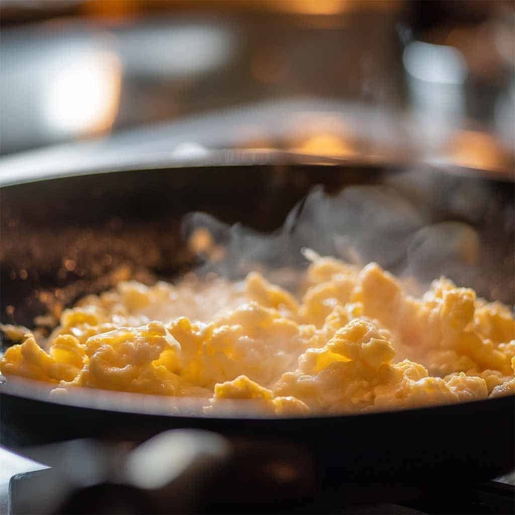 Eggs being scrambled  in a wok