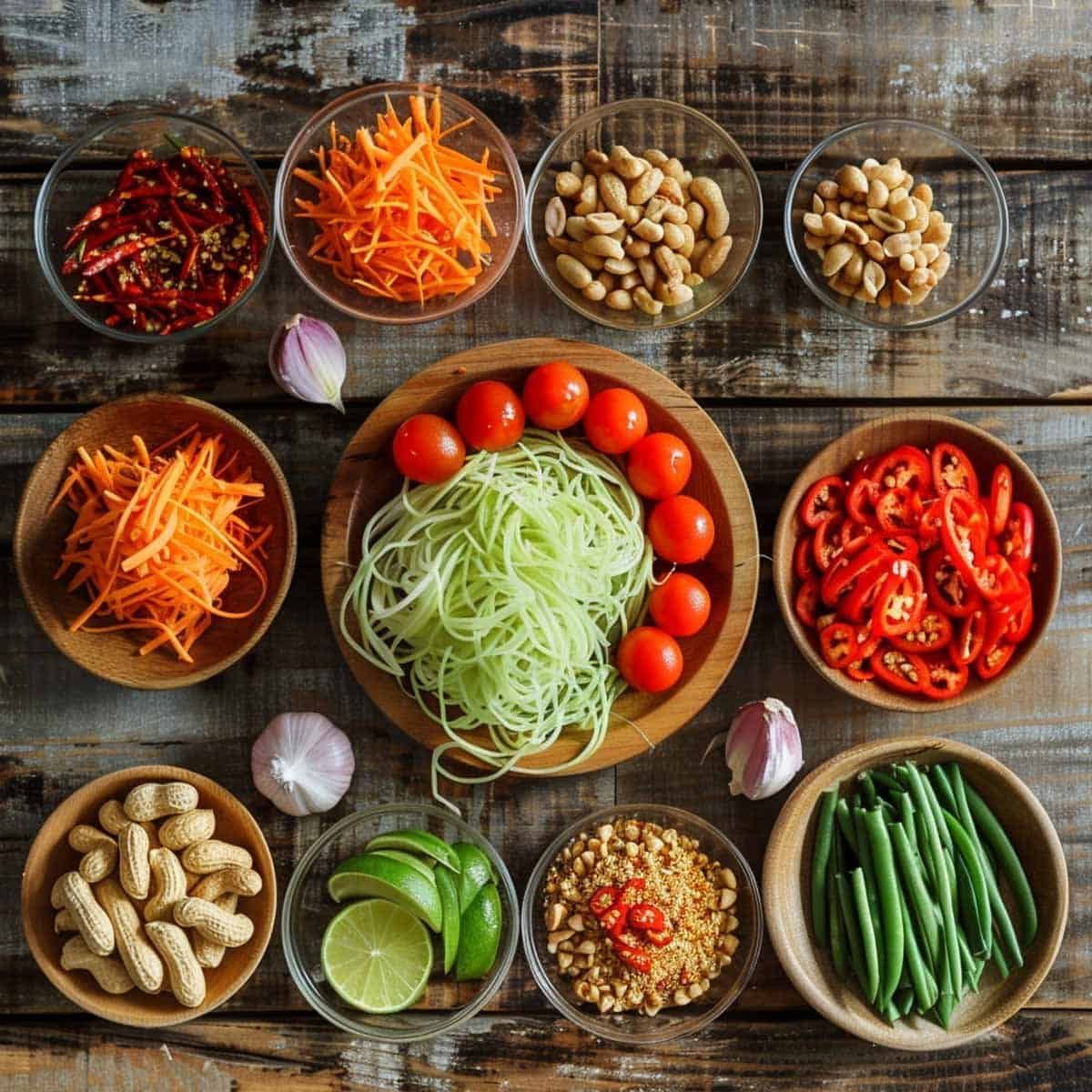 Ingrediants for recipe, rice noodles, green papaya, cherry tomatoes, long green beans, carrots, roasted penuts,
dried shrimp, Thai Chilli peppers, 