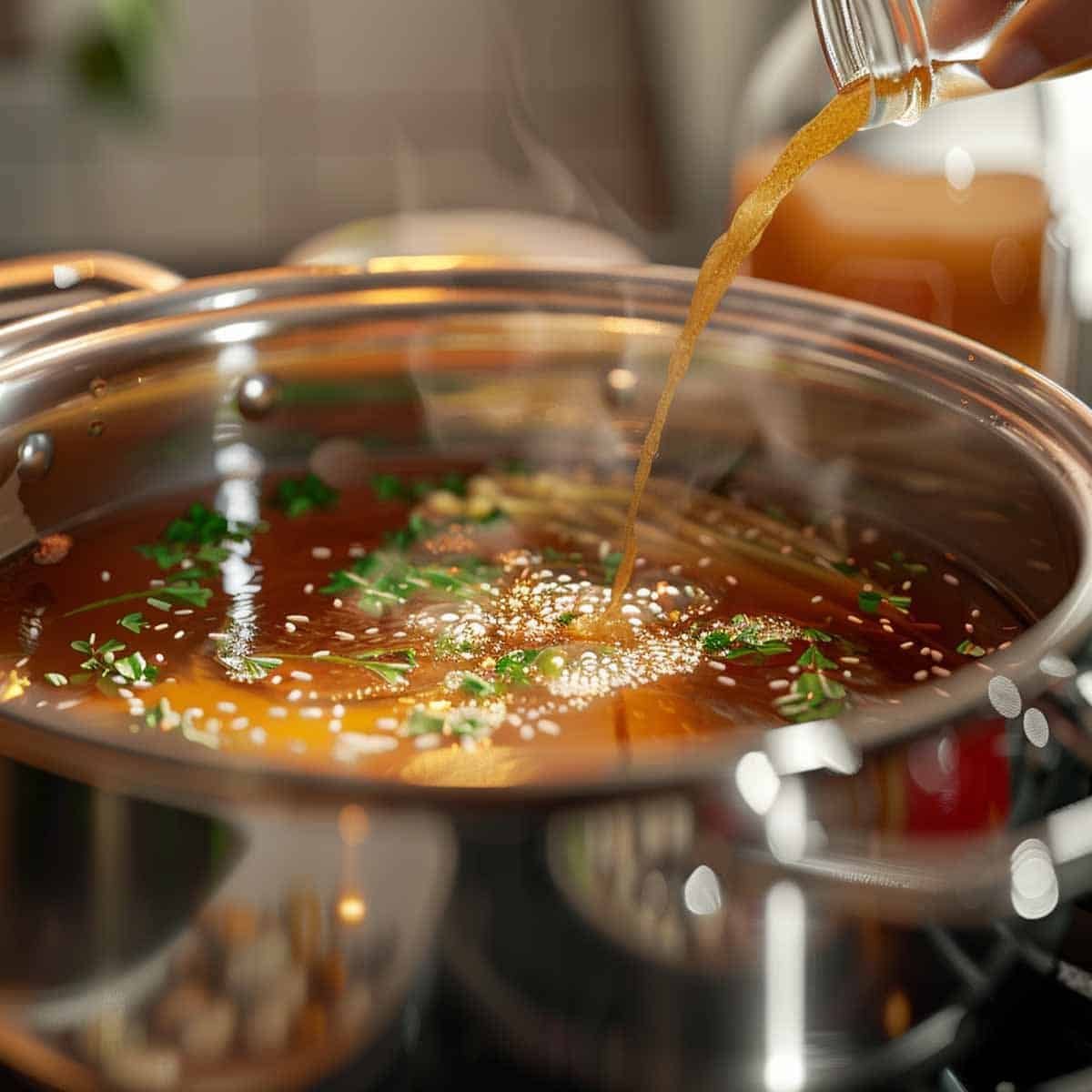 An image showing a variety of spices being added to a pot of simmering Thai Rice Soup (Khao Tom). The spices, including peppercorns, bay leaves, and cloves, are captured mid-fall, creating a dynamic sprinkle effect above the steaming liquid. This addition enriches the broth, infusing it with deep, aromatic flavors essential for a flavorful base in many recipes.