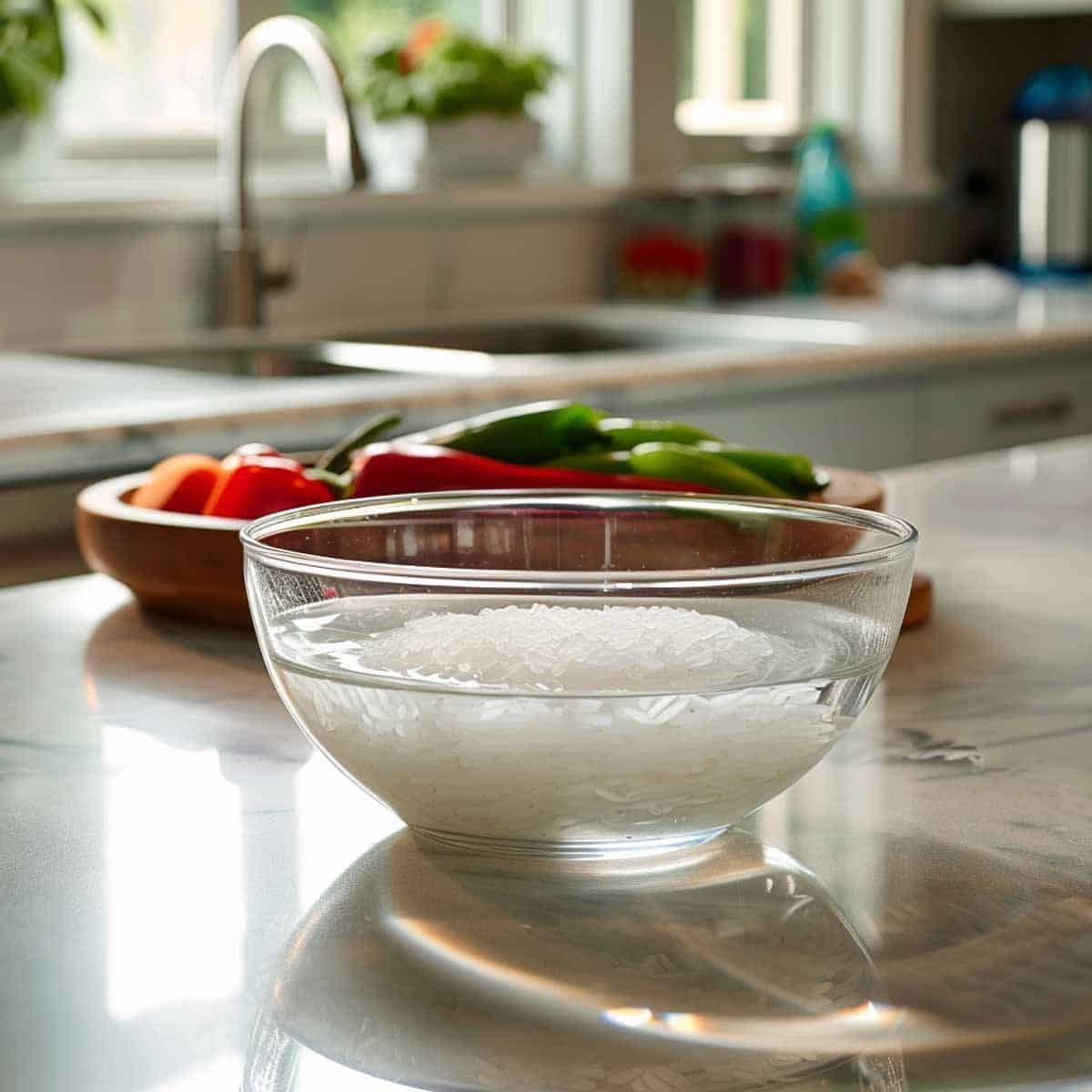 An image showing a bowl of jasmine rice being in clear, running water. The rice is in a transparent bowl, This process helps in removing excess starch from the rice, ensuring it cooks up fluffy and light. The focus is on the water becoming clearer as the starch washes away, illustrating an essential step in preparing rice for cooking.