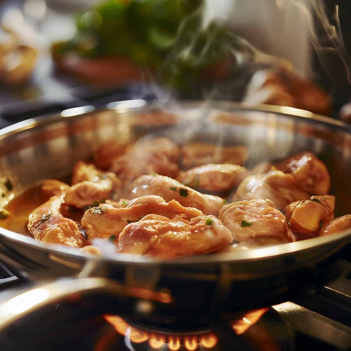 An image capturing chicken pieces being cooked in a stainless steel pan over medium heat. The chicken is turning golden brown as it sizzles, with visible steam rising above it. This cooking process highlights the chicken's transformation as it becomes crispy and flavorful, ready to be added to a variety of dishes.
