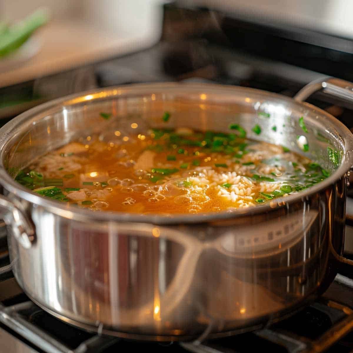 An image of a large pot of Thai Rice Soup (Khao Tom)boiling vigorously on a stove. The steam rises densely above the pot, indicating the intense heat. Bubbles can be seen breaking the surface of the liquid, which is filled with various ingredients contributing to a rich and hearty broth. This scene captures the dynamic process of soup cooking to perfection.