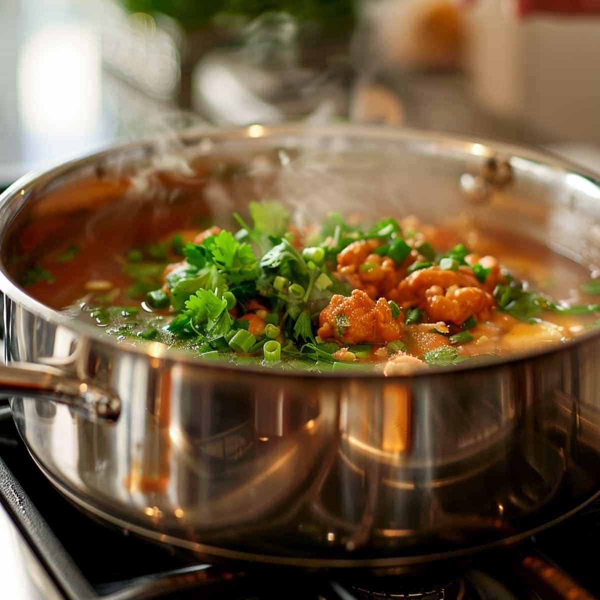 An image depicting a pot of Thai Rice Soup (Khao Tom) on a stove, with all the ingredients being combined. The pot is filled with jasmine rice, slices of chicken, ginger, and garlic, all simmering together in a clear broth. Scattered green onions and cilantro are being added, enhancing the colorful and vibrant mix. The steam rising from the pot conveys the warmth and inviting aroma of this traditional Thai dish.