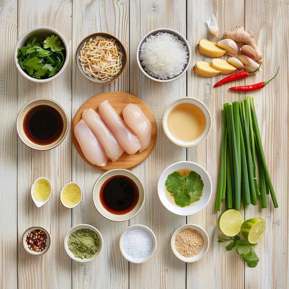 An image displaying all the ingredients for Thai Rice Soup (Khao Tom)arranged on a light-colored surface. Visible items include a bowl of uncooked jasmine rice, small bowls containing fish sauce and soy sauce, fresh cilantro, green onions, lime wedges, sliced ginger, minced garlic, and options of raw chicken, shrimp, and pork. The ingredients are neatly organized, showcasing their natural colors and textures, ready for cooking.