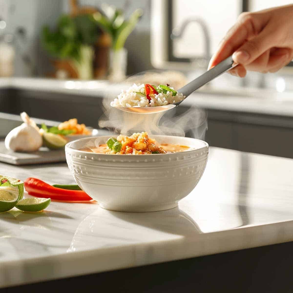An image of a bowl of Thai Rice Soup (Khao Tom) being served, featuring a steaming, hearty broth filled with soft rice and tender pieces of chicken. The soup is being ladled into a traditional ceramic bowl, garnished with fresh green onions and cilantro on top. This scene captures the comforting and nourishing essence of this classic Thai dish, ready to be enjoyed.