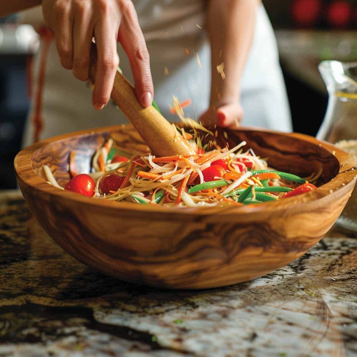 image of shredded papaya, carrots, cherry tomatoes, and long beans to a large mixing bowl. Then, stir in chili and garlic paste.