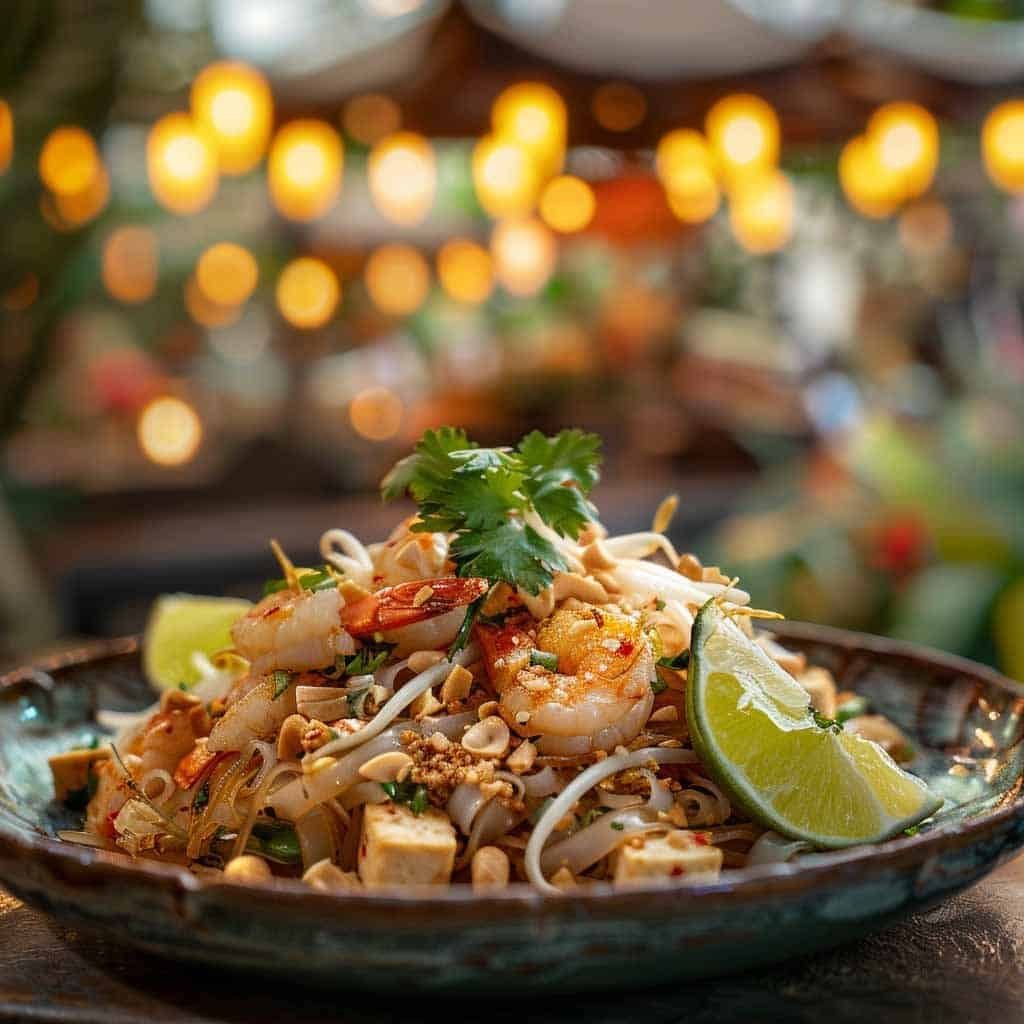 A plate of shrimp tofu Pad Thai served on a table at a lively night market in Thailand, capturing the essence of Thai street food culture