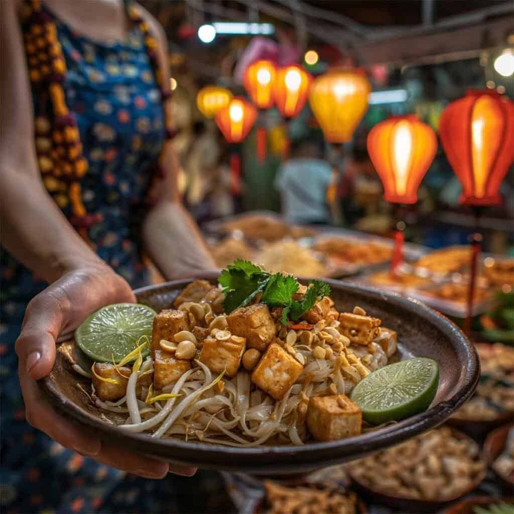 A plate of Pad Thai being served at a bustling Thai night market, showcasing the vibrant street food culture.