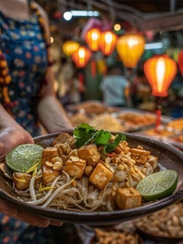 A plate of Pad Thai being served at a bustling Thai night market, showcasing the vibrant street food culture.