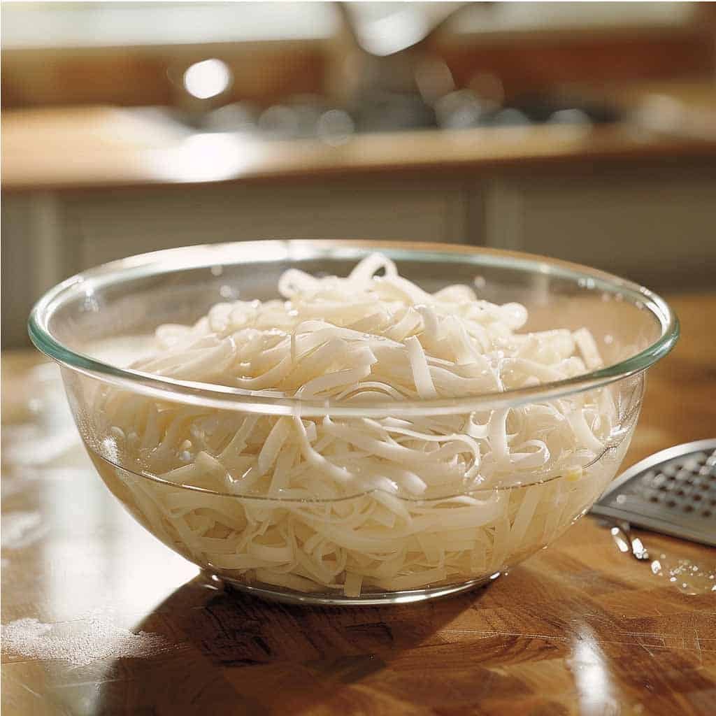 Rice noodles soaking in a bowl of water, softening before being used. 