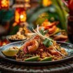 A plate of shrimp tofu Pad Thai served on a table at a lively night market in Thailand, capturing the essence of Thai street food culture.