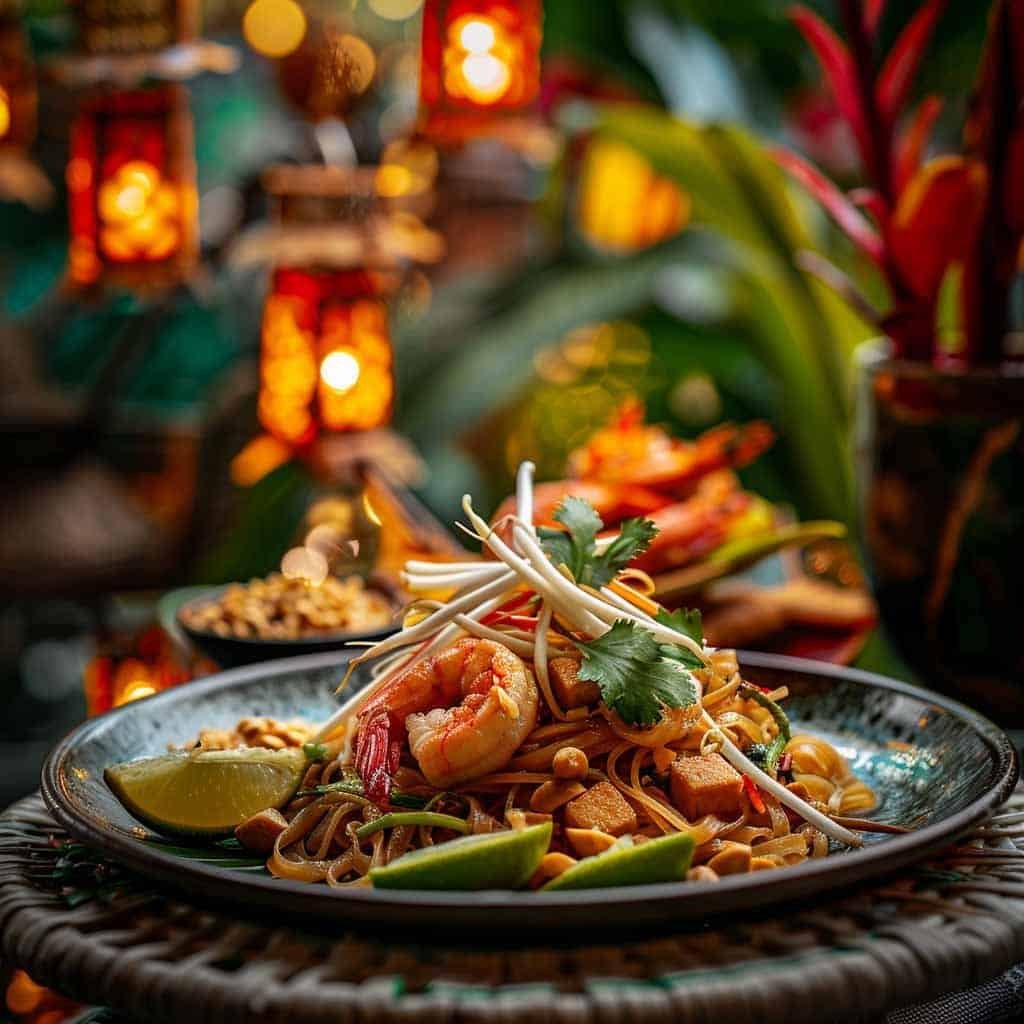 A plate of Shrimp Tofu Pad Thai on a table at a vibrant night market, showcasing the delicious Thai street food culture