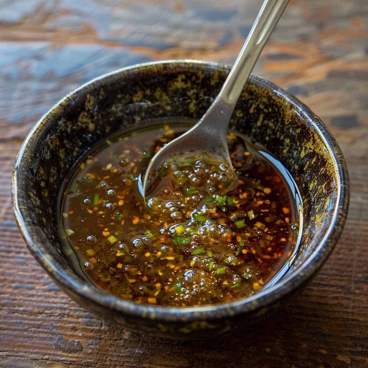 Mixing lime juice, fish sauce, palm sugar, and tamarind paste to prepare the dressing for Som Tam.