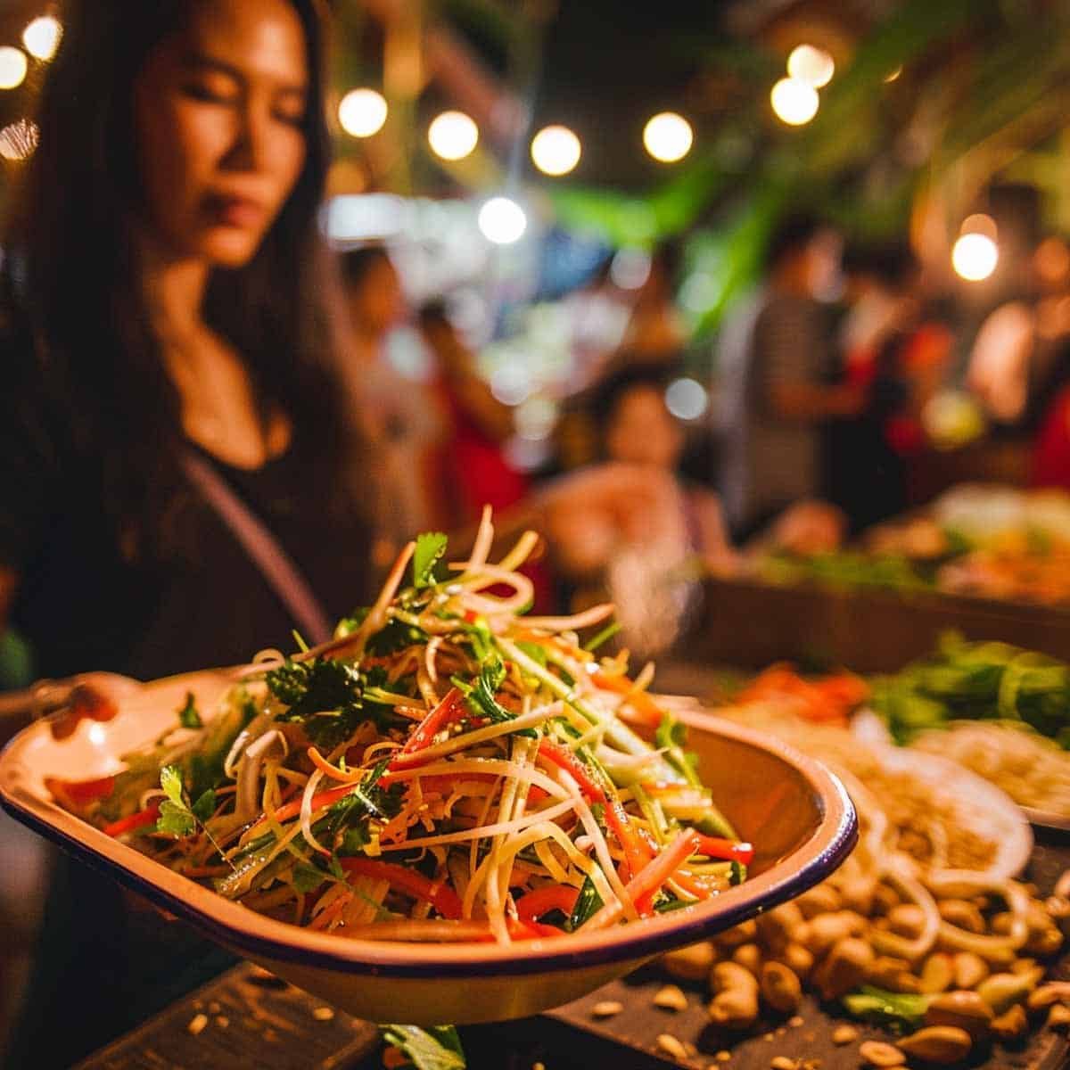Thai woman serving Som Tum at a night market.
