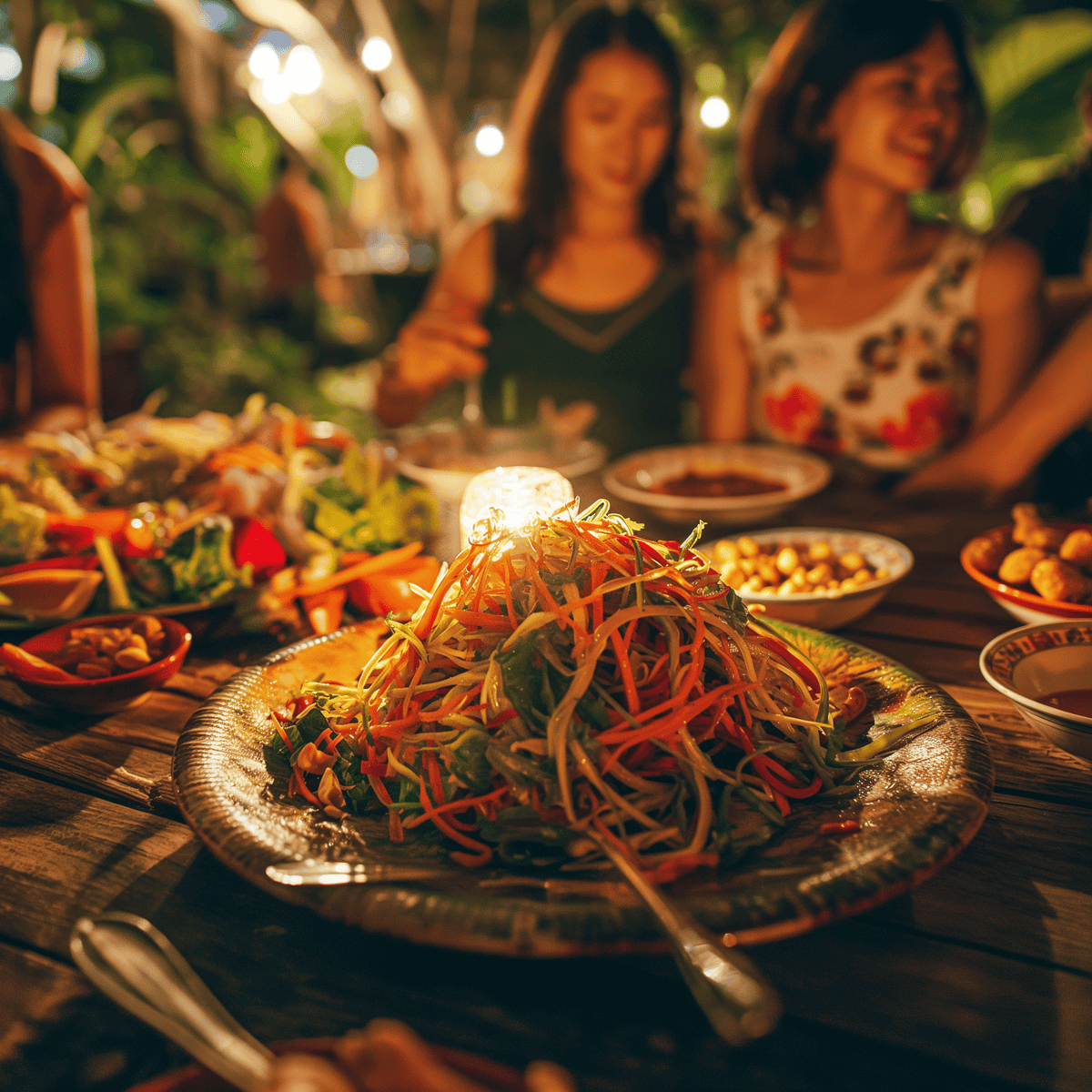 Frends at a Thai Night Market Eating Som Tum.