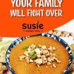 Thai peanut sauce social cover image featuring rich sauce, garnishes, and text overlay with recipe highlights