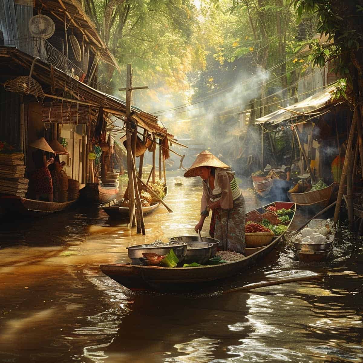 A woman in a traditional Thai boat market serves Thai Boat Noodle Soup(Kuai Tiao Ruea) . She is in a small wooden boat filled with fresh ingredients and cooking utensils, preparing the soup with a pot of simmering broth. The vibrant market scene features other boats, colorful produce, and the bustling atmosphere of shoppers and vendors.