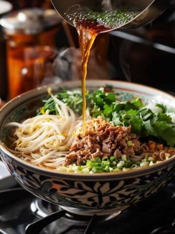 Bowl of Thai Boat Noodles pouring on broth