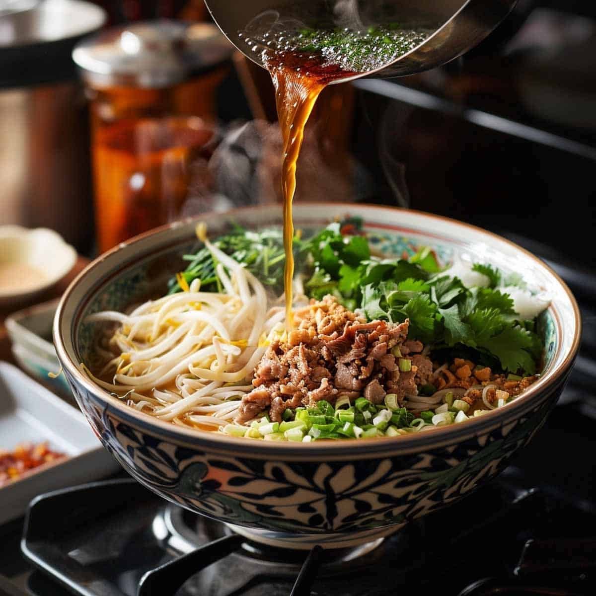 An image of Thai Boat Noodle soup being assembled: a bowl filled with soft rice noodles at the base, topped with thinly sliced beef, bean sprouts, Chinese water spinach, and other fresh garnishes. A person is pouring hot, steaming broth over the ingredients, blending them together, with kitchen utensils and ingredients scattered around the workspace.