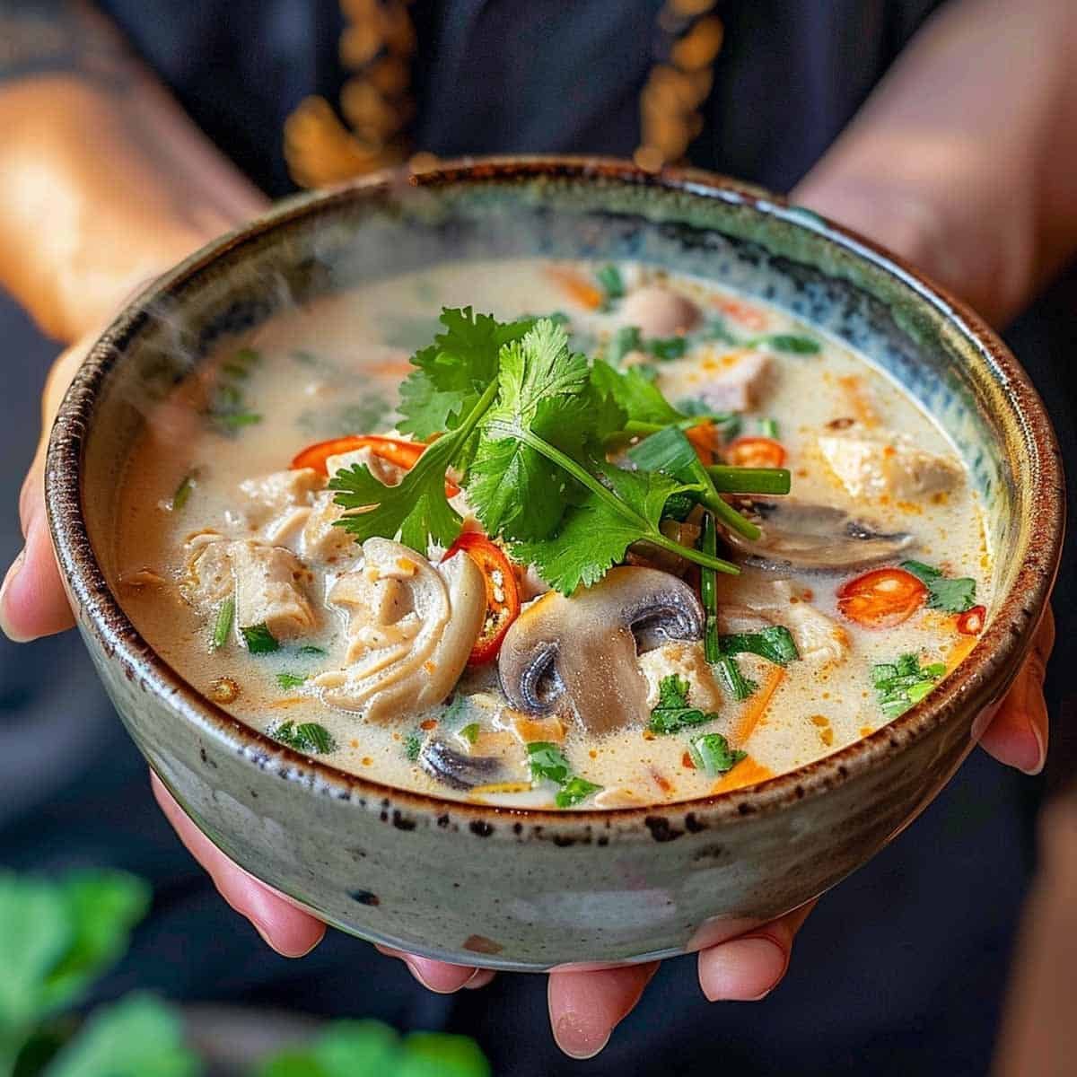 A bowl of Thai Coconut Chicken Soup (Tom Kha Gai) with creamy coconut milk broth, chicken, mushrooms, cilantro, kaffir lime leaves, and chili slices