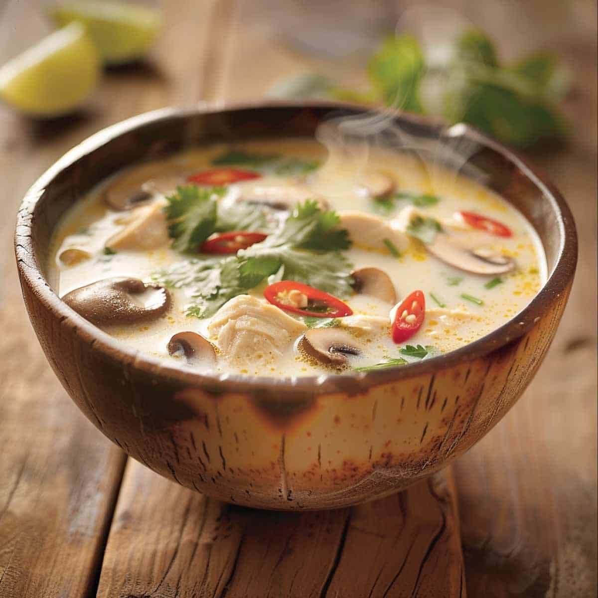A bowl of Thai Coconut Chicken Soup (Tom Kha Gai) with creamy coconut milk, chicken, mushrooms, and fresh herbs