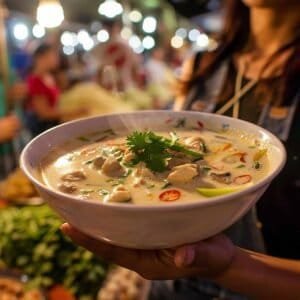 Bowl of coconut chicken soup: creamy coconut broth with tender chicken, mushrooms, lemongrass, kaffir lime leaves, and chili, garnished with cilantro."