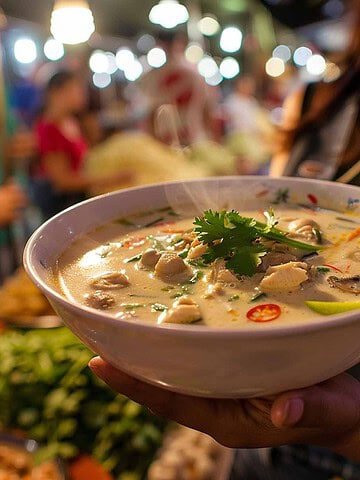 Bowl of coconut chicken soup: creamy coconut broth with tender chicken, mushrooms, lemongrass, kaffir lime leaves, and chili, garnished with cilantro."