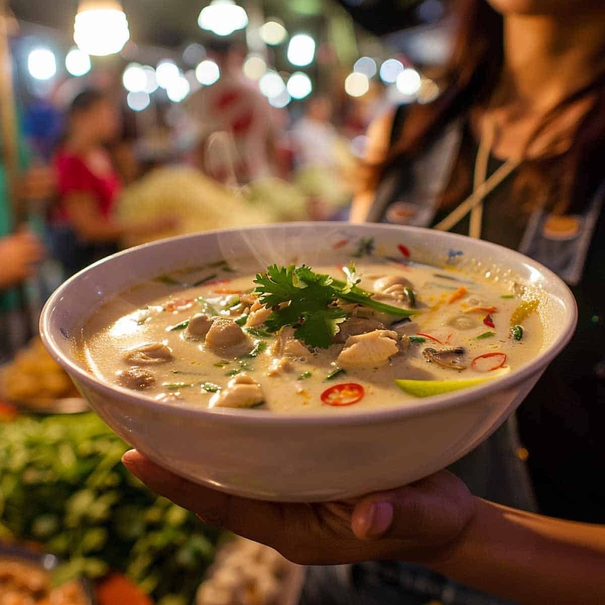 A bowl of Thai Coconut Chicken Soup (Tom Kha Gai) being served at a bustling night market, with vibrant lights and colorful stalls in the background.