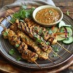 Plated Chicken Satay (Satay Gai) with tender chicken skewers, garnished with sesame seeds and accompanied by peanut sauce.