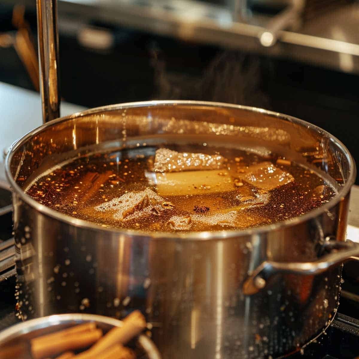 A large pot of broth simmering on a cooktop, filled with beef bones and aromatic ingredients like cinnamon sticks and star anise. Steam rises from the pot, indicating the ongoing cooking process, with the kitchen setting visible in the background.