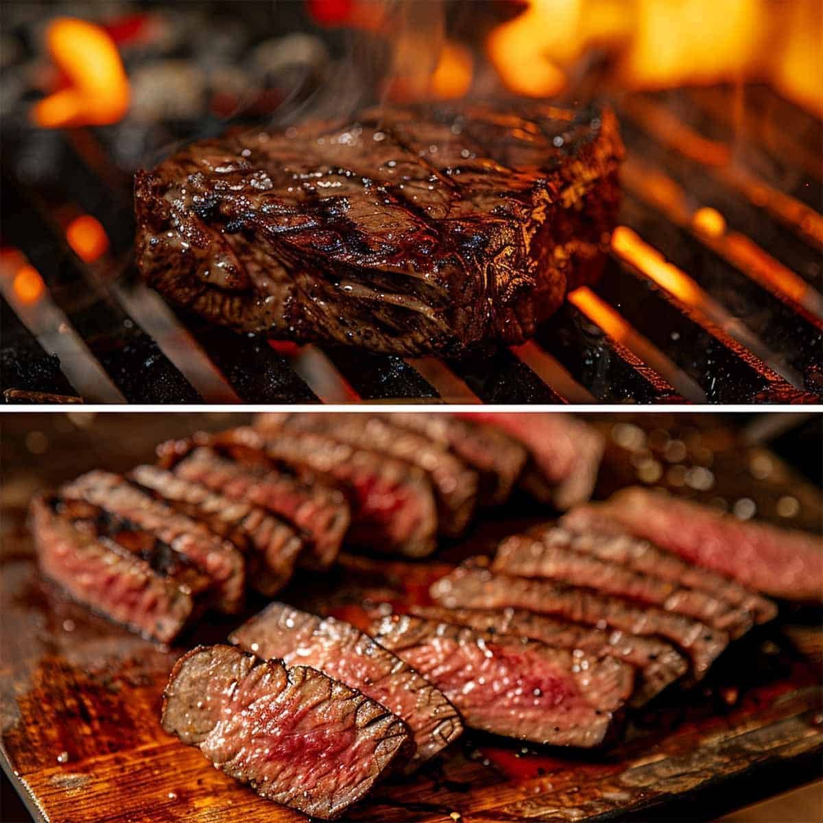 Two-part image: one side grilling beef over flames, other side slicing grilled beef on a cutting board 