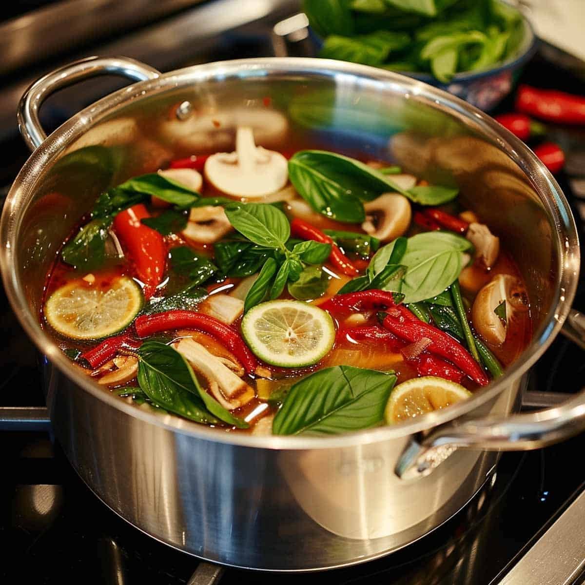 Adding lemongrass, lime leaves, ginger, and chilies to simmering broth in a cooking pot