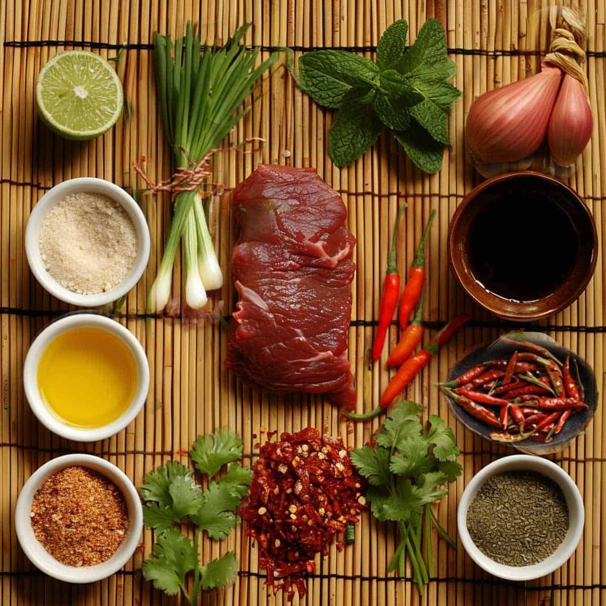 Ingredients for Thai Beef Salad on a bamboo mat: beef, fish sauce, lime, sugar, chili, shallots, herbs, and rice powder