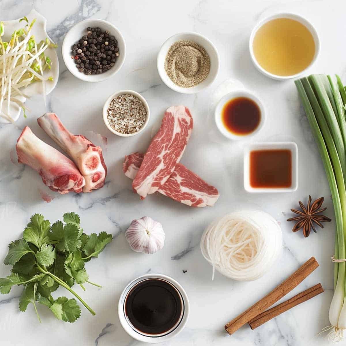 An array of ingredients for Thai Boat Noodles arranged neatly on a kitchen counter. Visible are beef bones, bottles of dark and light soy sauce, a small bowl of sugar, fish sauce, a cinnamon stick, star anise, black peppercorns, fresh rice noodles, thin slices of beef, bean sprouts, Chinese water spinach, fried garlic, chopped cilantro, green onions, and pickled mustard greens. Each ingredient is separated and clearly identifiable, ready for preparation