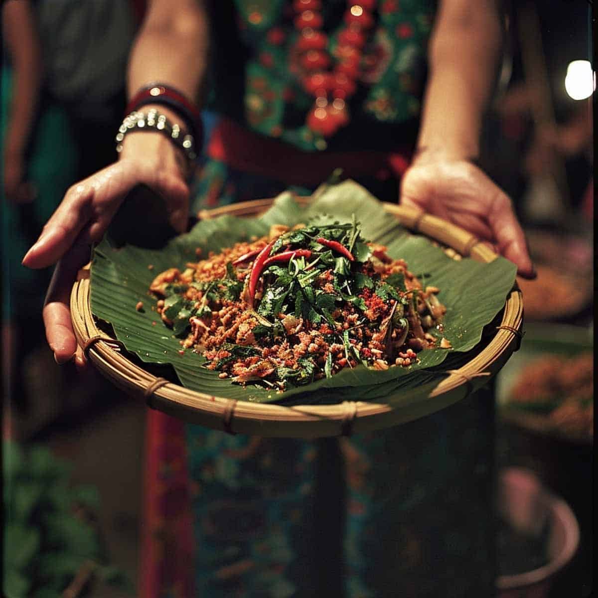 A woman serving a plate of Larb, also known as Laab, containing finely minced meat seasoned with lime, chili, and fish sauce, garnished with fresh herbs like mint and cilantro, and topped with toasted rice. She smiles as she presents the colorful, aromatic dish


