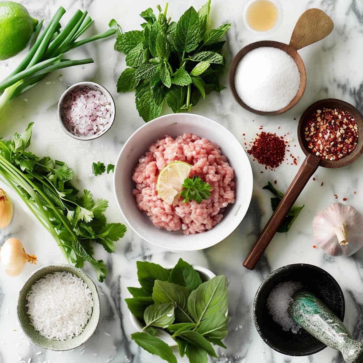 Raw ingredients for Larb, also known as Laab, arranged on a kitchen counter, including minced pork, fresh mint and cilantro leaves, lime wedges, chili flakes, fish sauce, and a small bowl of toasted ground rice.