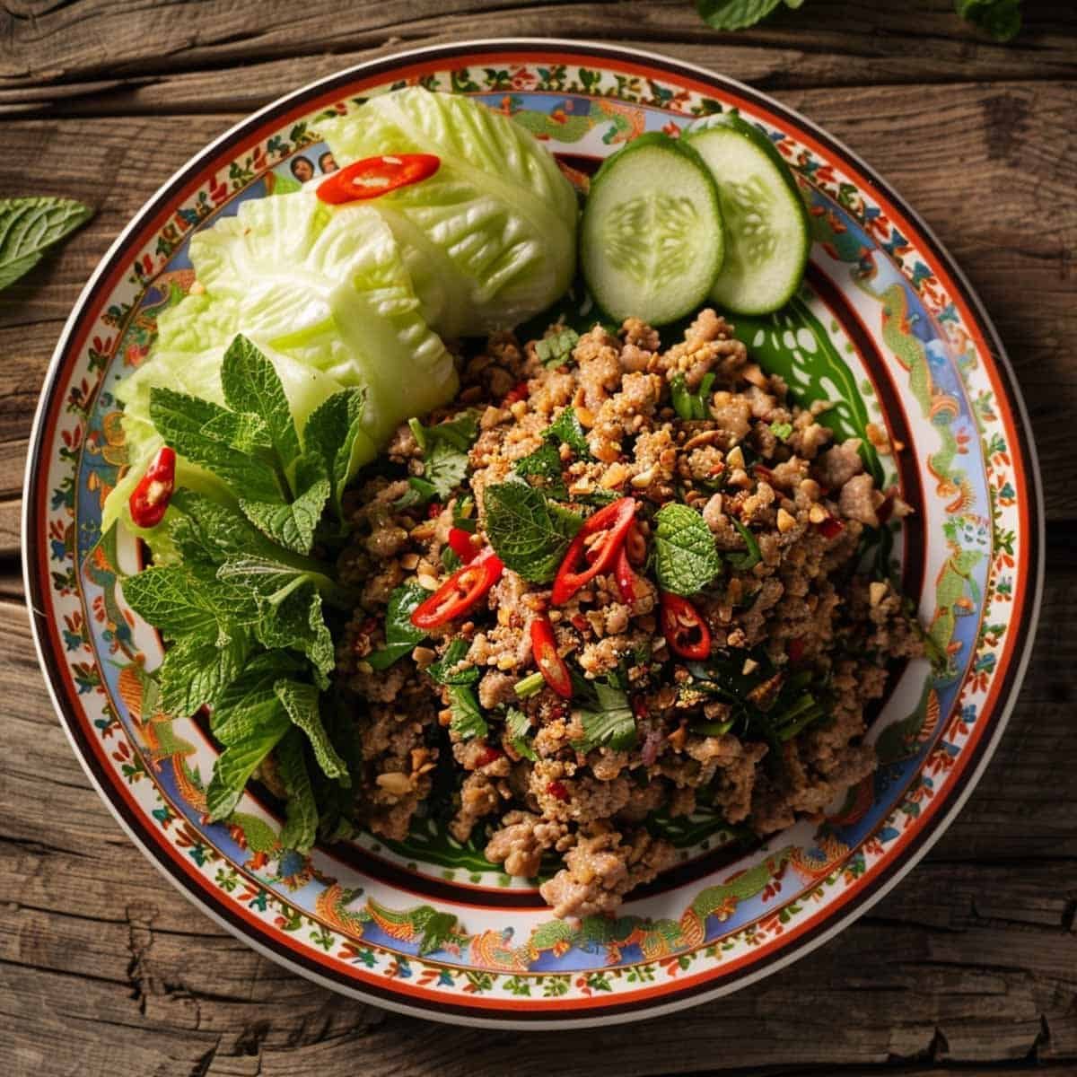 A plate of Larb, also known as Laab, featuring finely minced meat mixed with fresh herbs like mint and cilantro, sprinkled with toasted ground rice, and seasoned with lime juice and chili flakes, served with a side of crisp lettuce leaves.