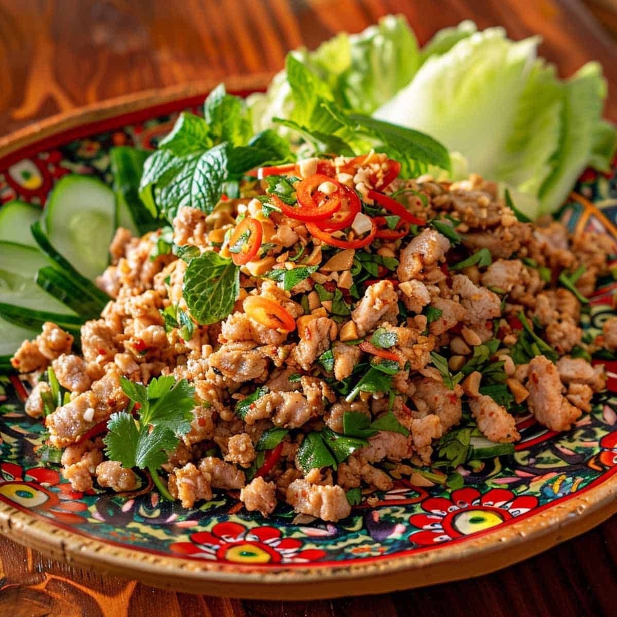 A plate of Larb, also known as Laab, beautifully presented with minced meat seasoned with lime juice, fish sauce, and chili flakes, garnished with fresh mint and cilantro, and a sprinkle of toasted rice, served alongside crisp lettuce leaves and cucombers.