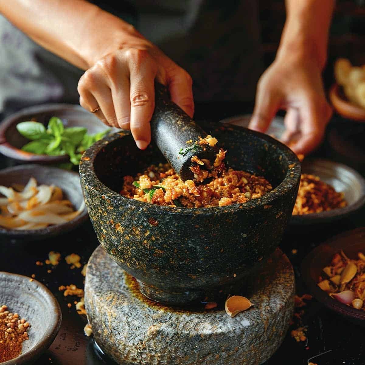 Ingredients  for Thai Chili Paste are ground into a paste using a mortar and pestle, blending flavors for traditional Thai Nam Prik Pao.