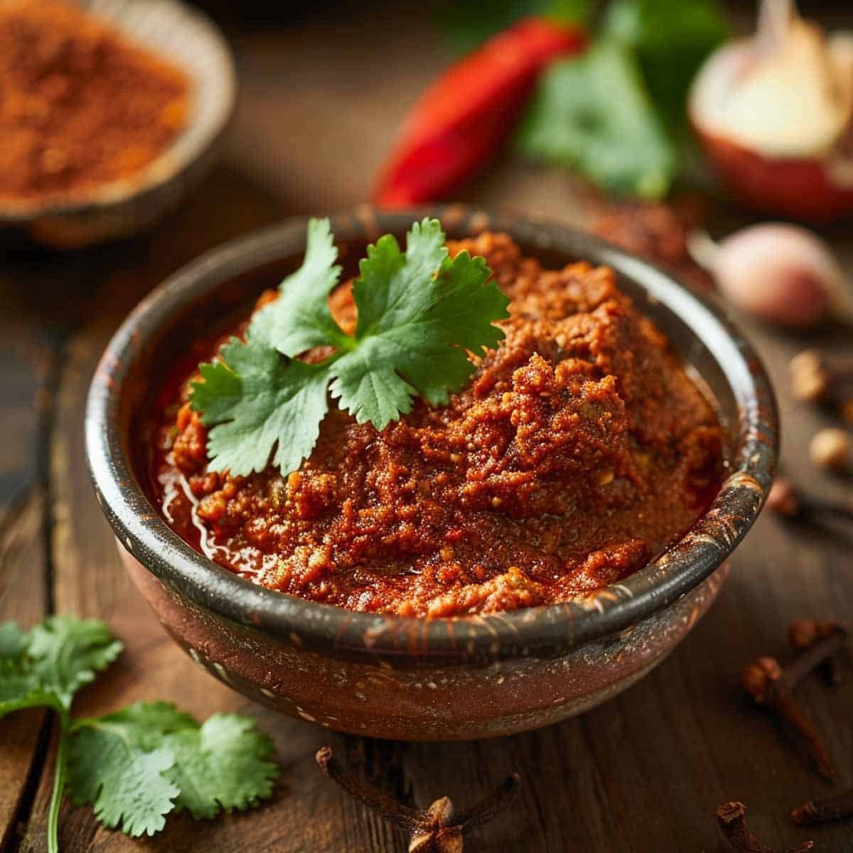 Homemade Massaman Curry Paste in a bowl with fresh ingredients like lemongrass, galangal, and spices surrounding it."