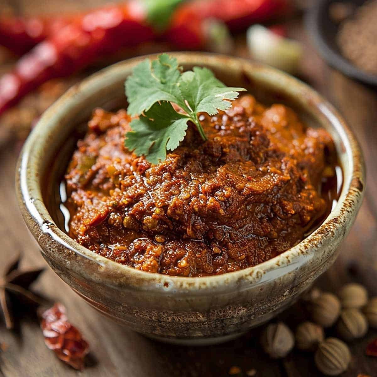 Homemade Massaman Curry Paste in a bowl surrounded by fresh ingredients like lemongrass, galangal, and spices