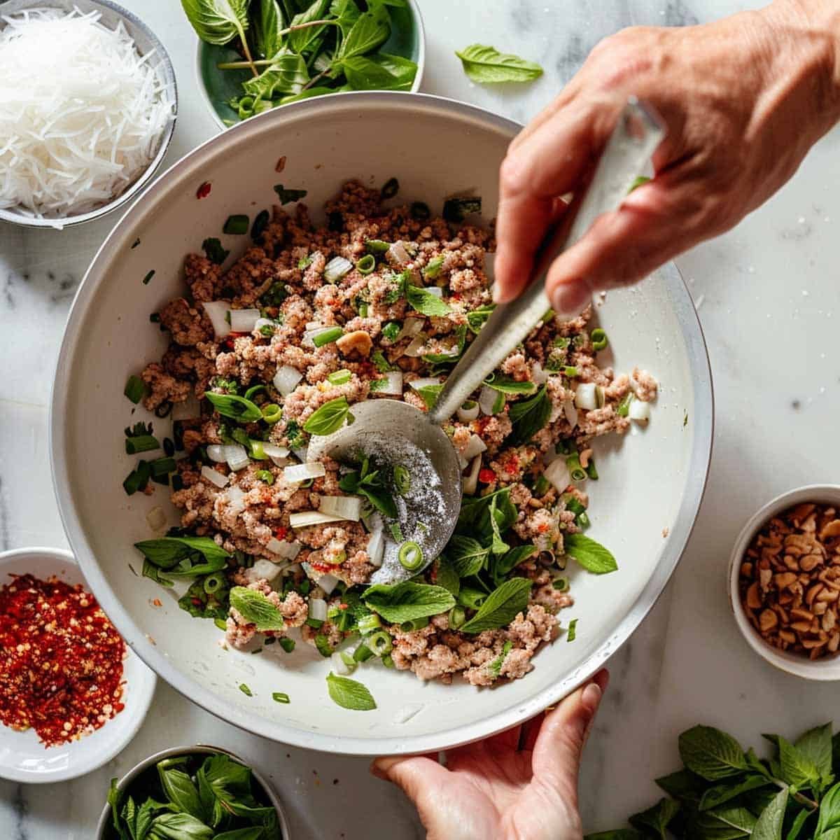 In a large bowl, the ingredients for Larb, also known as Laab, are being mixed together. The bowl contains minced meat, finely chopped herbs like mint and cilantro, lime juice, fish sauce, and a sprinkle of toasted ground rice. A hand with a mixing spoon is actively combining the ingredients, creating a vibrant and aromatic dish.