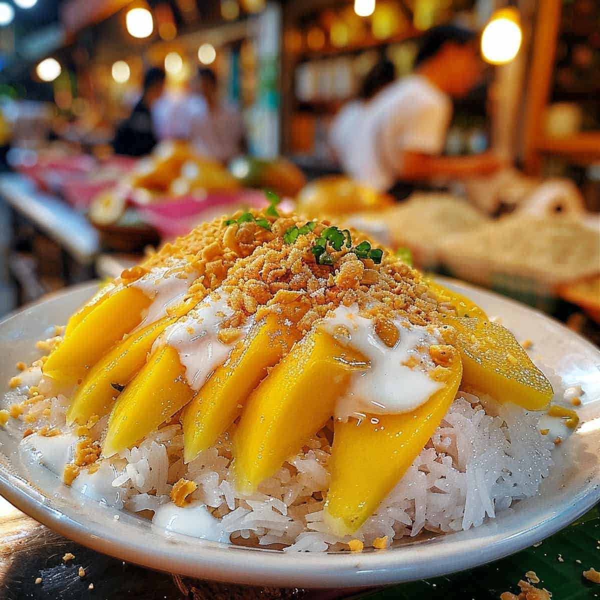 Mango Sticky Rice being served at a Thai market stall with colorful background