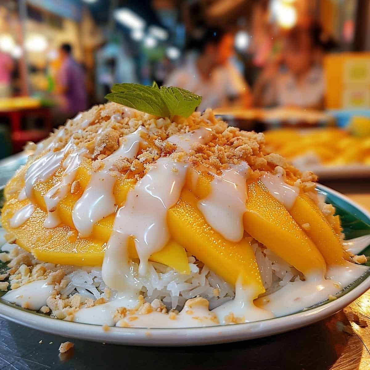 Serving Mango Sticky Rice on a decorative plate, topped with fresh mango slices