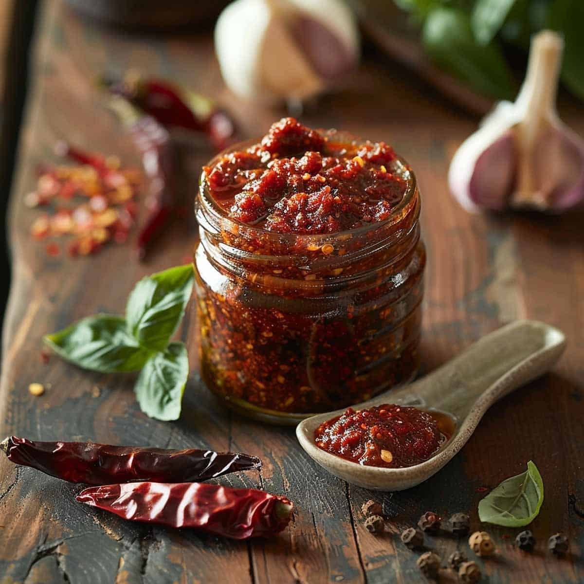 A jar of freshly made Nam Prik Pao Thai Chili Paste sits ready for use, showcasing its rich, dark texture and vibrant spices.
