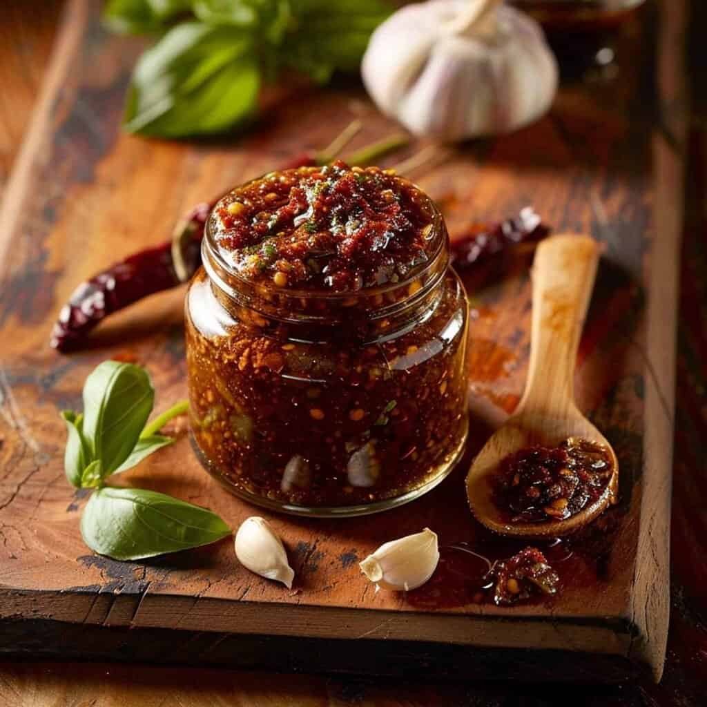 Jar of Nam Prik Pao on a rustic wooden board with garlic, basil, and a wooden spoon