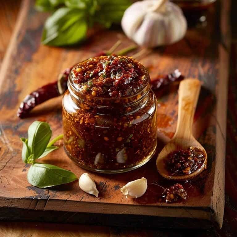 Jar of Nam Prik Pao on a rustic wooden board with garlic, basil, and a wooden spoon