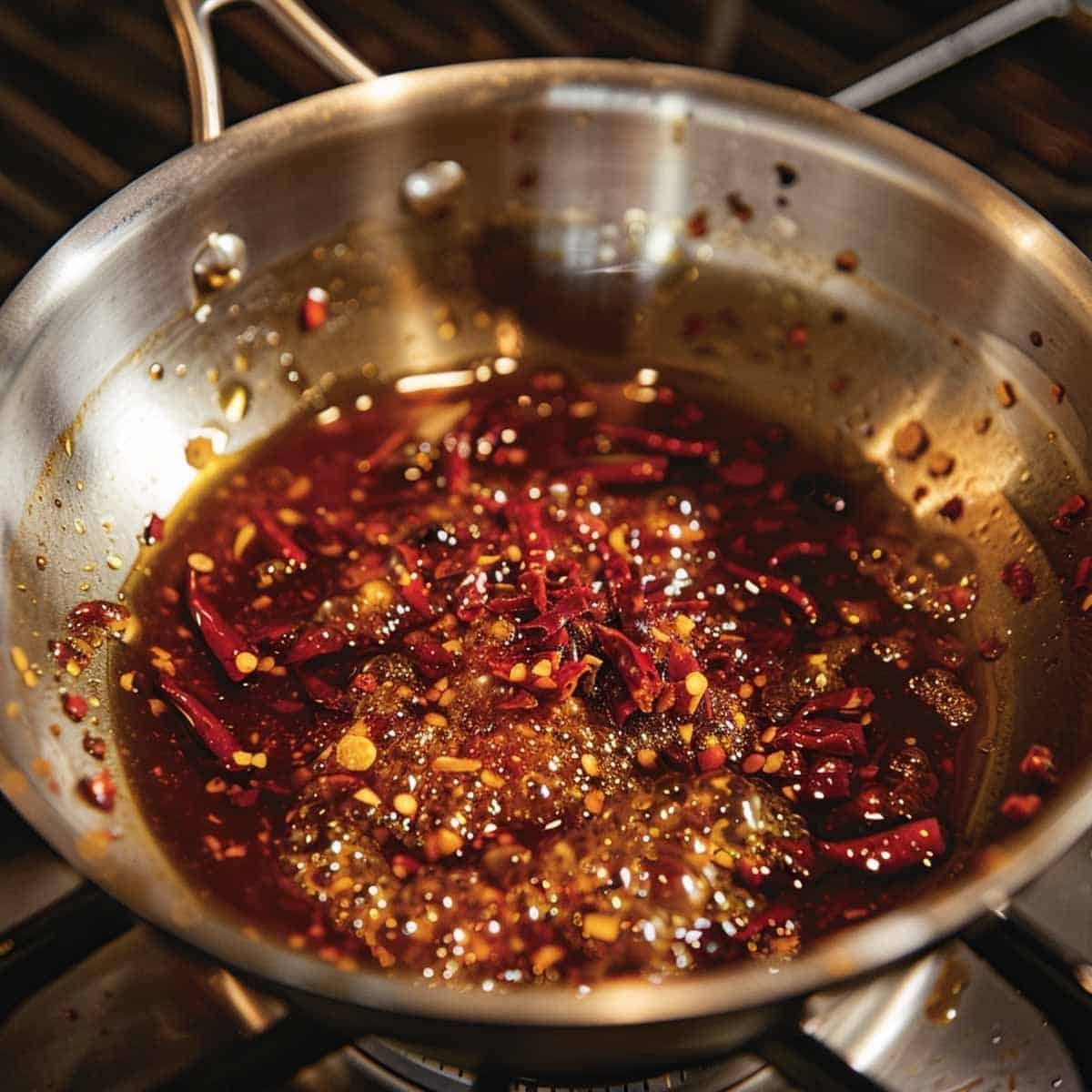 Ingredients for Thai Chili Paste Nam Prik Pao simmer in a stainless steel pan, melding into a rich, aromatic paste.